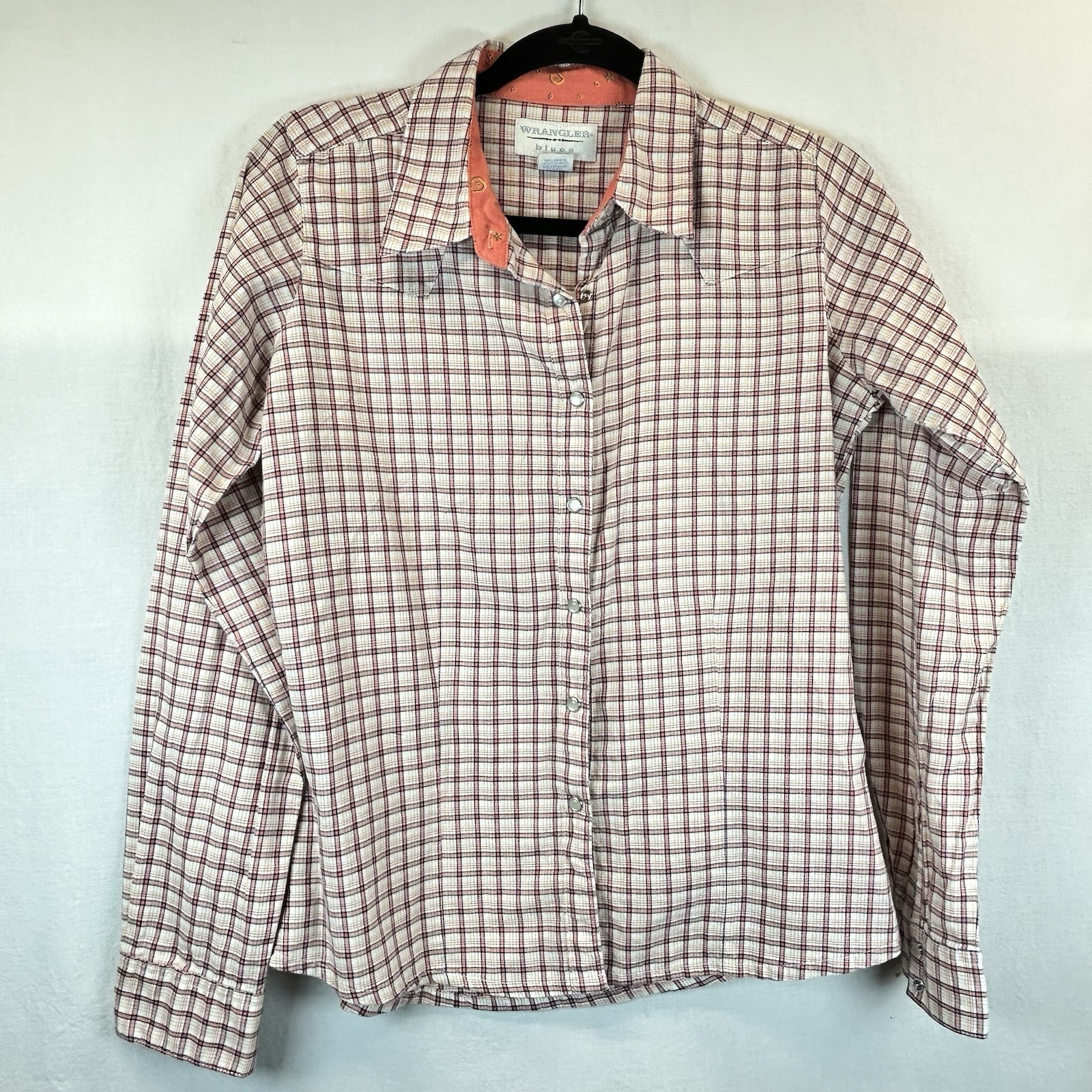 Wrangler Shirt Women Peach White Western Rodeo Pearl Snap Cotton Long Sleeve Med
